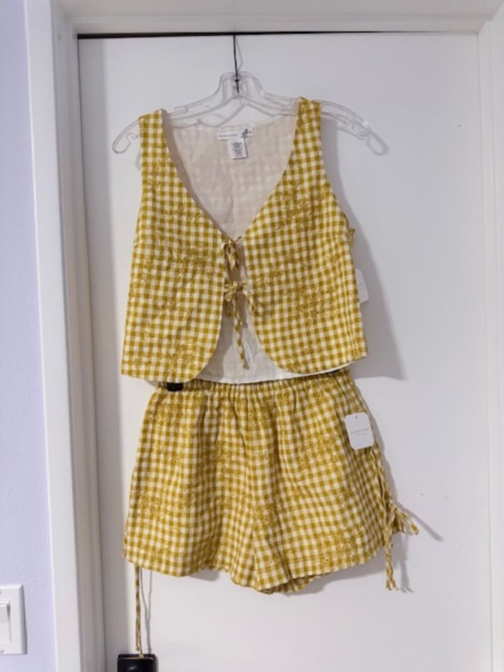 Altar'd State Tie front print plaid embroidered Tank, matching short with ties.